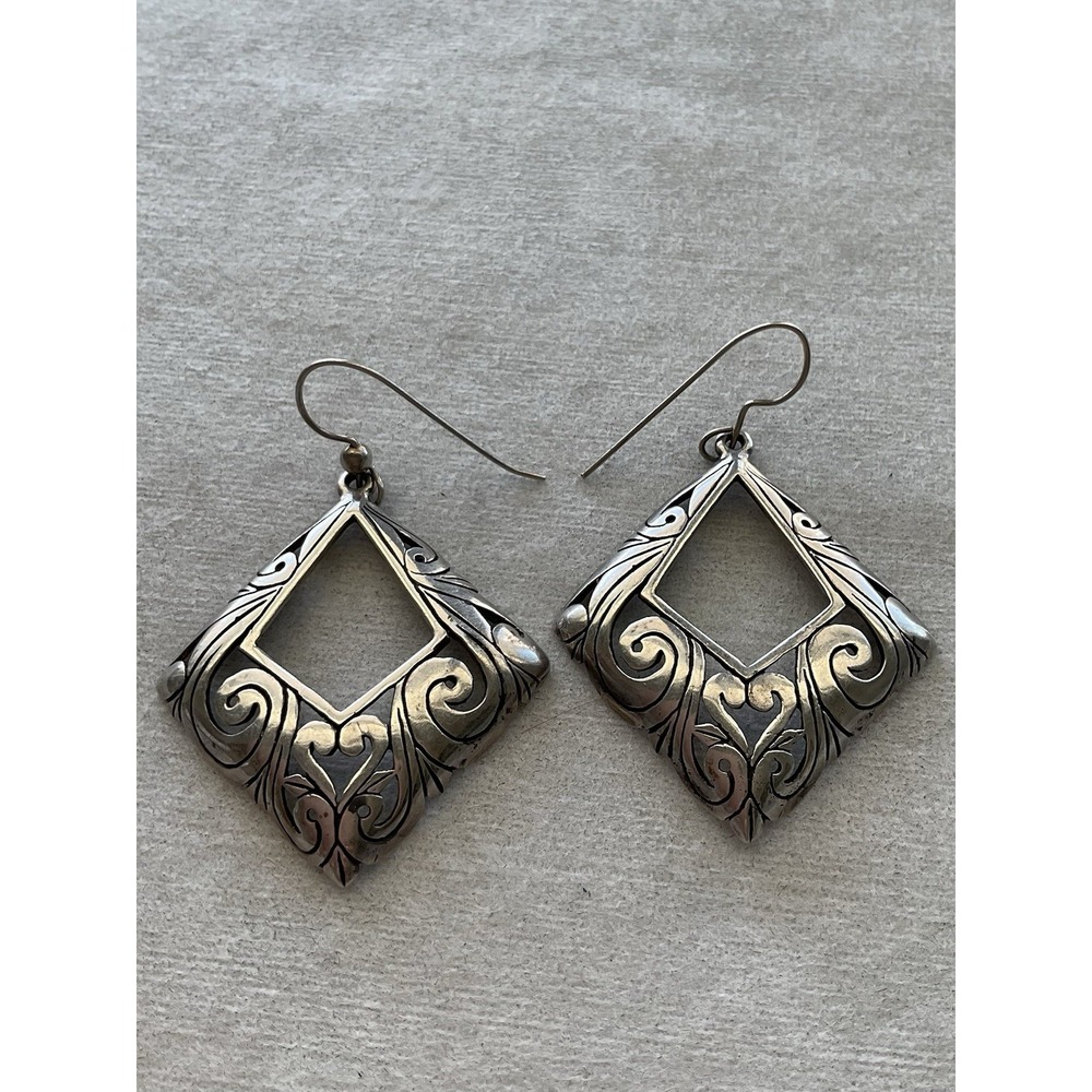 sterling silver diamond-shaped openwork earrings Dangle 925 Signed Vintage